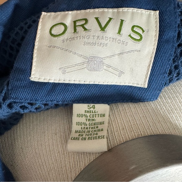 Orvis , Navy jacket with tan leather patch detail . - Picture 2 of 7